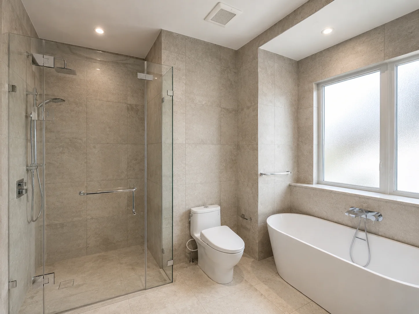 Beige stone bathroom with walk-in shower and freestanding tub