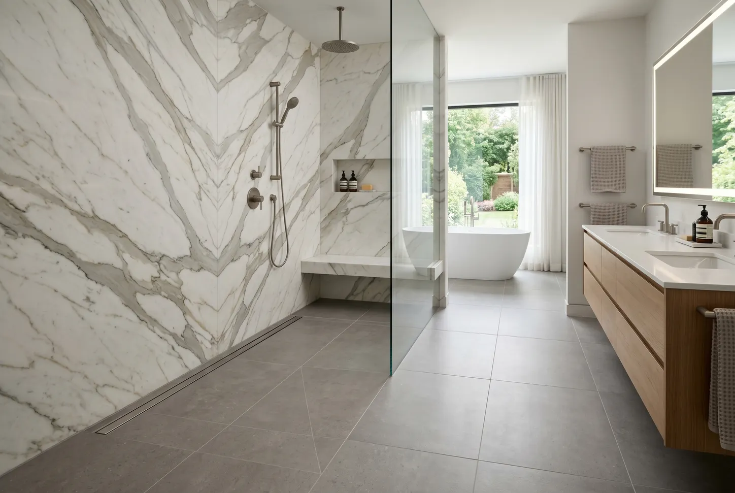 Curbless Calacatta marble wet room with bookmatched shower wall, freestanding tub, and large-format porcelain floor