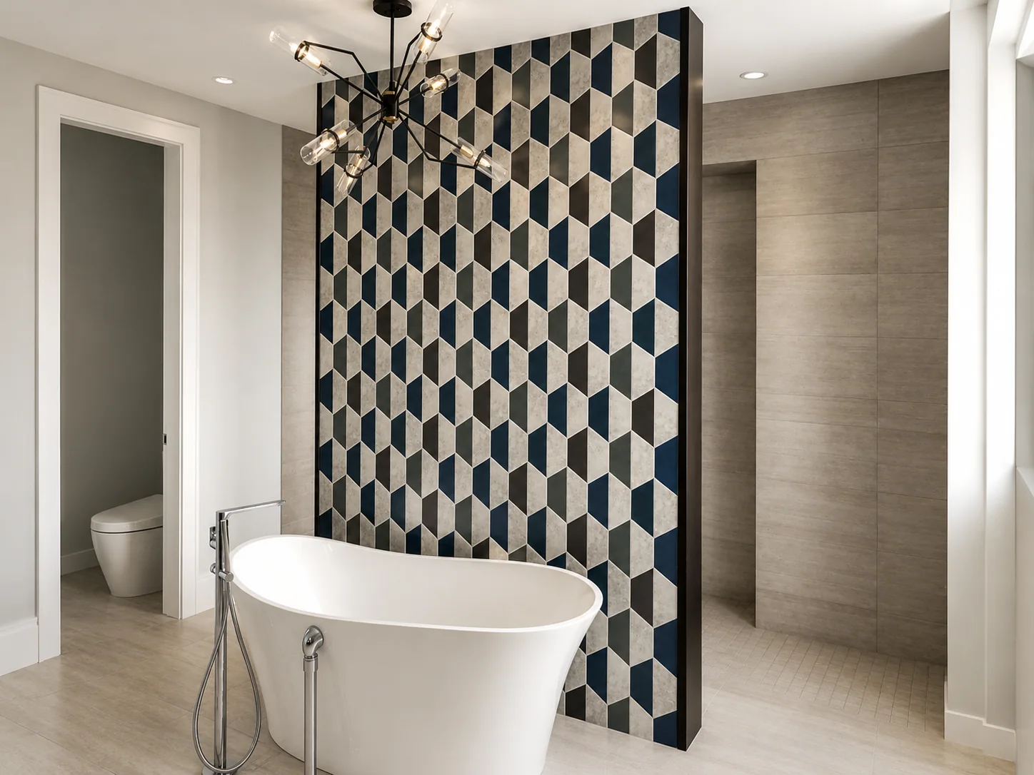 Geometric cube tile bathroom accent wall behind a freestanding tub