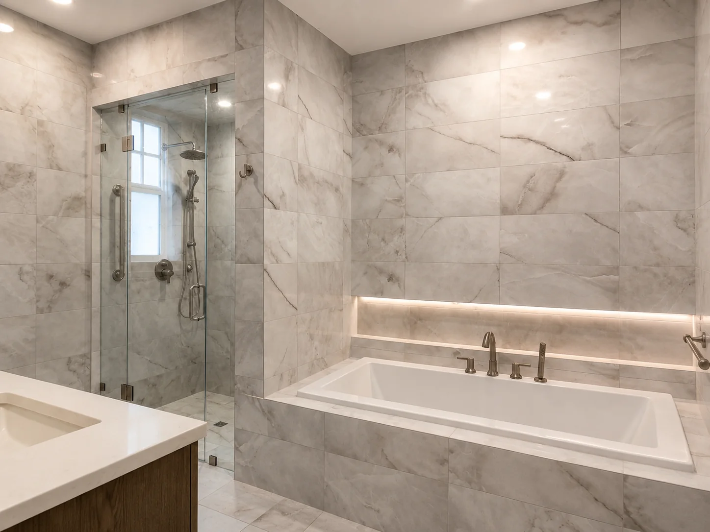Marble-look tile bathroom with shower glass, bathtub surround, and polished wall tile